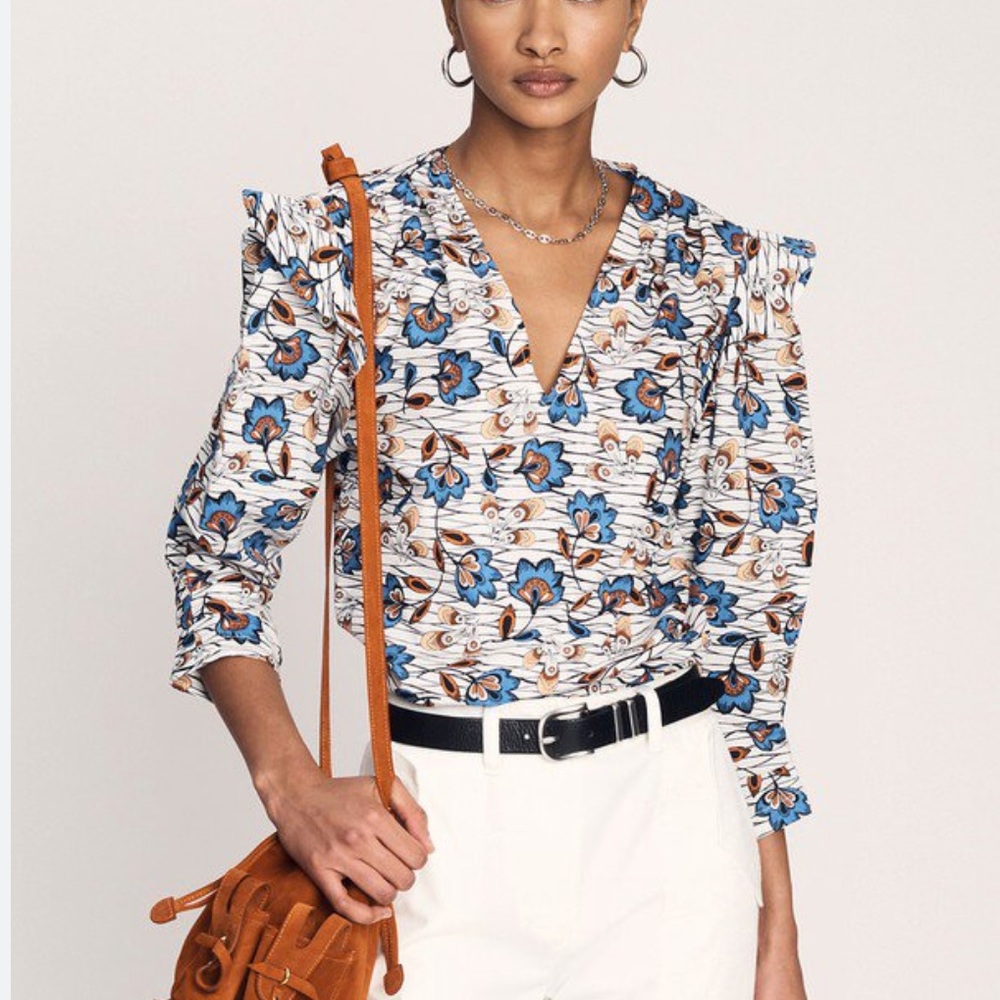 Derek Lam 10 Crosby 100% Cotton V-Neck Ruffle Blouse Floral White 6